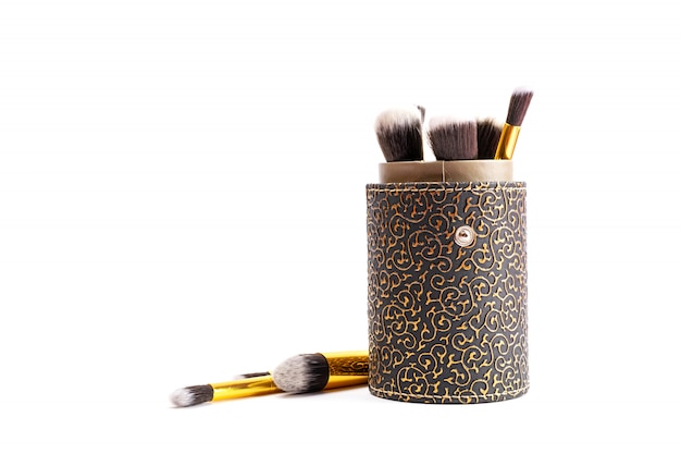 Makeup brushes powder. Drawing cosmetic products isolated on white