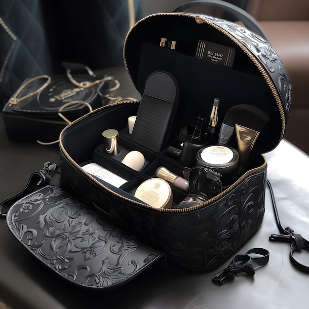 A makeup case with a black design and a silver ring on it.