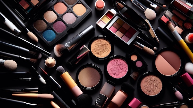 A makeup collection is displayed on a table.