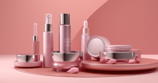 Makeup cosmetics and products mockup pink background Generative AI