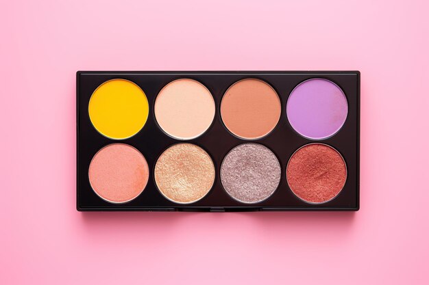 Makeup eyeshadow palette on pink background Cosmetic products