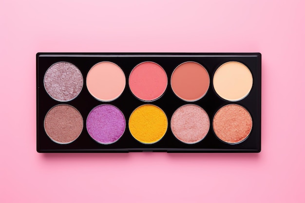 Makeup eyeshadow palette on pink background Cosmetic products