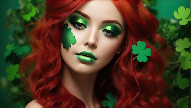 Makeup and hairstyle of a young woman in green with clover leaves for St Patricks Day Closeup beauty portrait AI generated