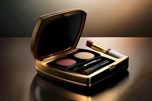 Makeup kit with lipstick compact powder eye shadow and background in golden tones