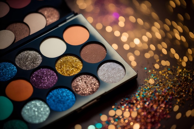 Photo makeup palette with glitter closeup on a blurry background professional cosmetics for women makeup palette of different colors and shades