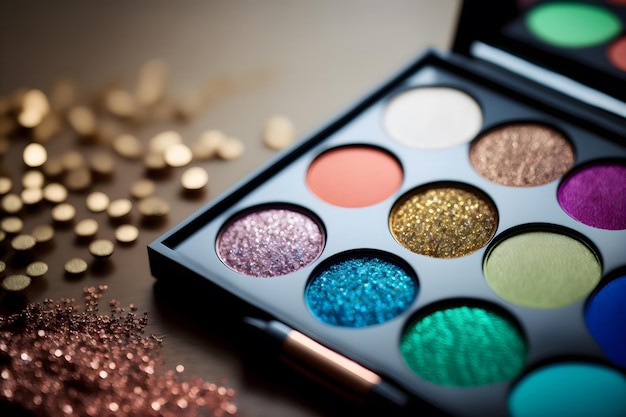 Makeup palette with glitter closeup on a blurry background Professional cosmetics for women makeup palette of different colors and shades