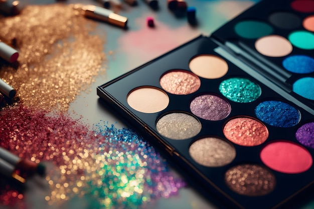 Makeup palette with glitter closeup on a blurry background Professional cosmetics for women makeup palette of different colors and shades