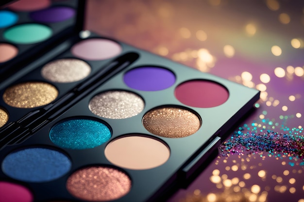 Makeup palette with glitter closeup on a blurry background Professional cosmetics for women makeup palette of different colors and shades