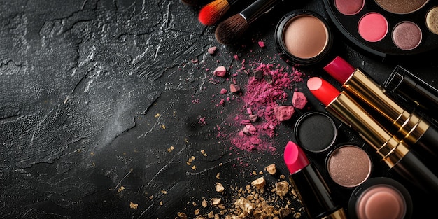 Makeup products and accessories on black background