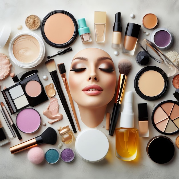 makeup products arranged in an aesthetically pleasing manner Mannequin girl face in the middle