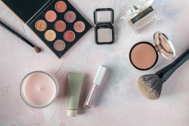 Makeup products, beauty, blogger, social media, magazines flat lay