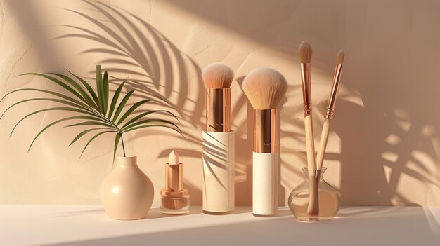 Makeup products and natural brushes complete set beauty essentials clear and stylish ambient lighting AI Generative