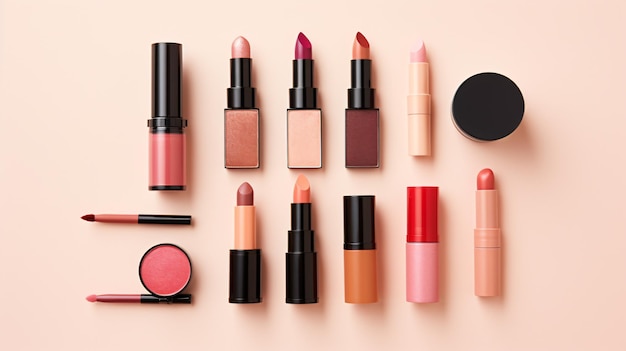 Makeup products on pink background