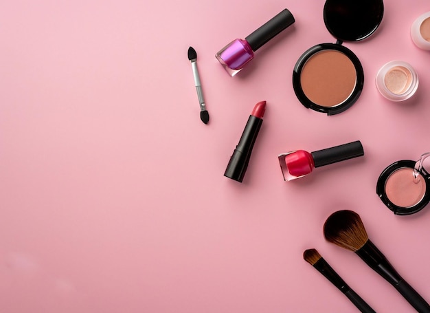 Makeup products on a pink background