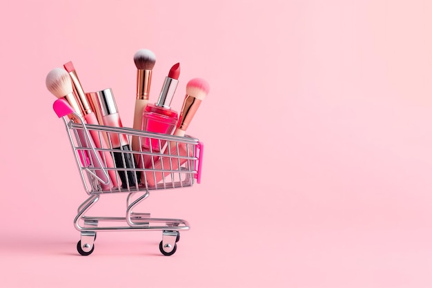 Photo makeup products in shopping cart on red background lipstick mascara lip gloss brushes nail polish shopping cart full of decorative cosmetics discount or sale theme must haves in make up