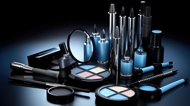 A makeup set is on a table with a blue background.