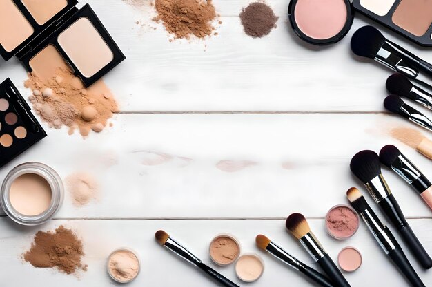 A makeup set is on a white table with a white background