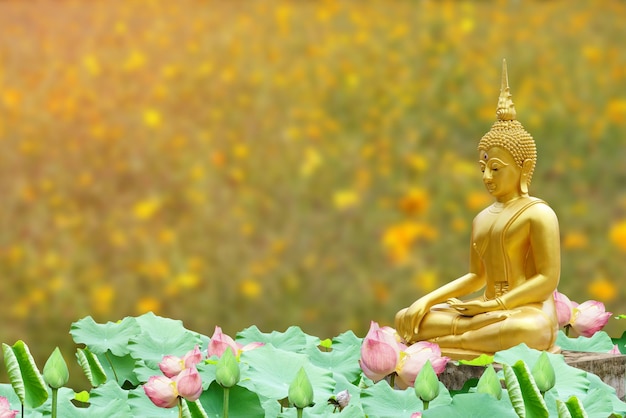 Makha Asanaha Visakha Bucha Dag Gouden Boeddha-afbeelding Achtergrond van Bodhi-bladeren met glanzend licht Zacht beeld en vloeiende focusstijl