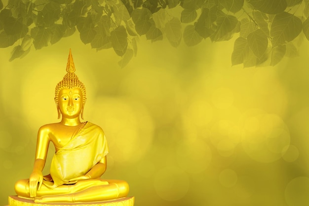 Makha Asanaha Visakha Bucha Day Golden Buddha image Background of Bodhi leaves with shining light Soft image and smooth focus style