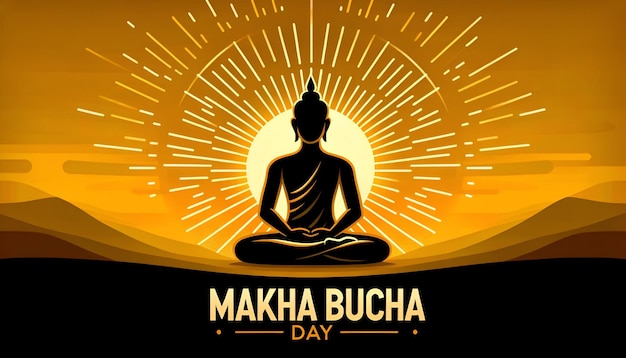 Makha bucha day illustration with a silhouette of meditating buddha