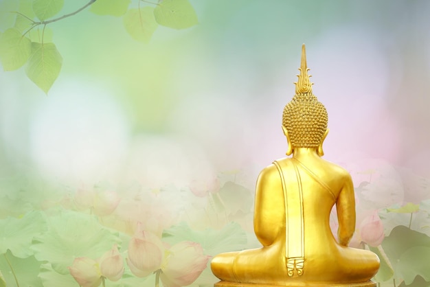 Makha Bucha DayVesak DayAsanha BuchaBuddhist LentBuddha 동상 배경은 태양 빛으로 꽃과 하늘을 흐리게 합니다.