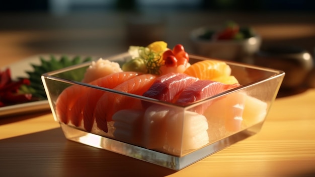 Maki en nigiri sushi in een glasplaat AI gegenereerd