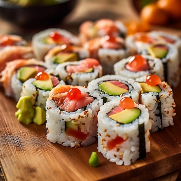 Maki en Rolls met Tonijn Zalm Garnalen Krab en Avocado Generatieve AI