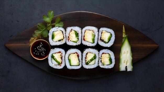 Maki roll with cucumber served with sauce and sesame seeds