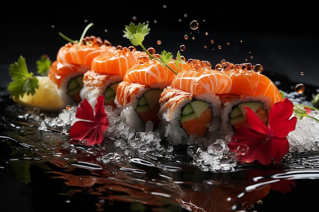 Photo maki sushi floating against dark backdrop