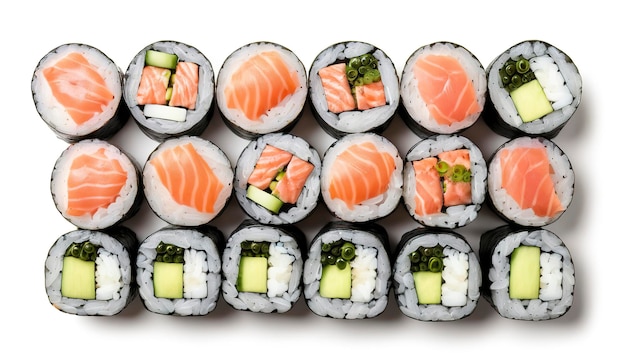 Maki Sushi rollen met zalm en tonijn geïsoleerd op witte achtergrond