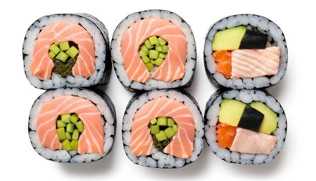 Maki Sushi rolls with salmon and tuna Isolated on white background