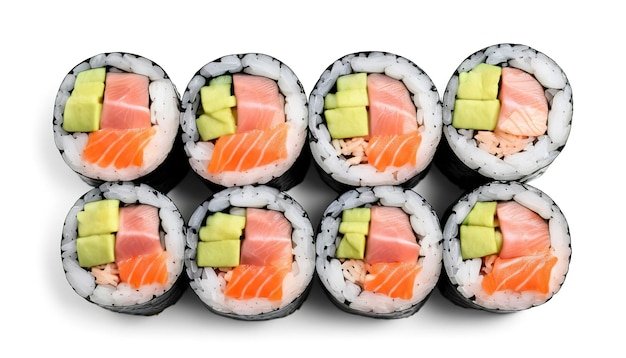 Maki Sushi rolls with salmon and tuna Isolated on white background