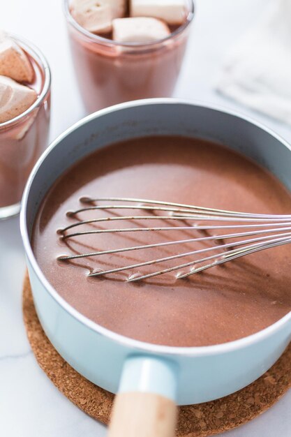 Making Amrican hot chocolate in small pot.