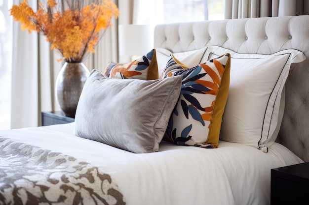 Making bed with stylish decorative pillows
