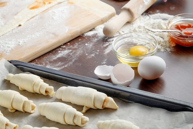 Making croissant on wood table