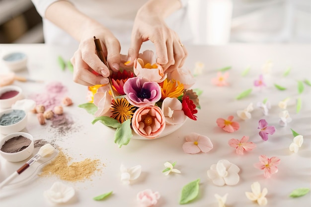 Making edible sugar flowers with powdered dyes