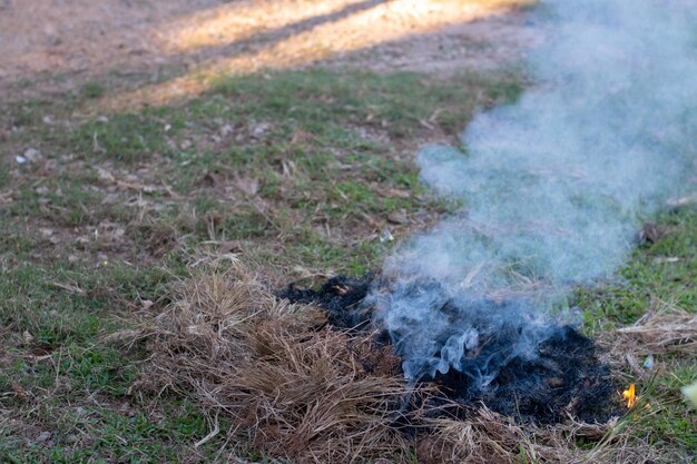 Photo making fire or burning dry grass