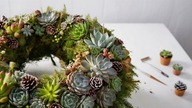 Making green christmas wreath with suculents