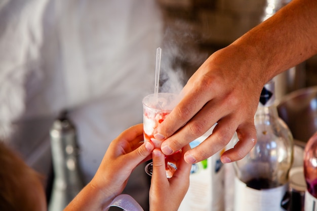 Making ice cream with liquid nitrogen, professional cooking.