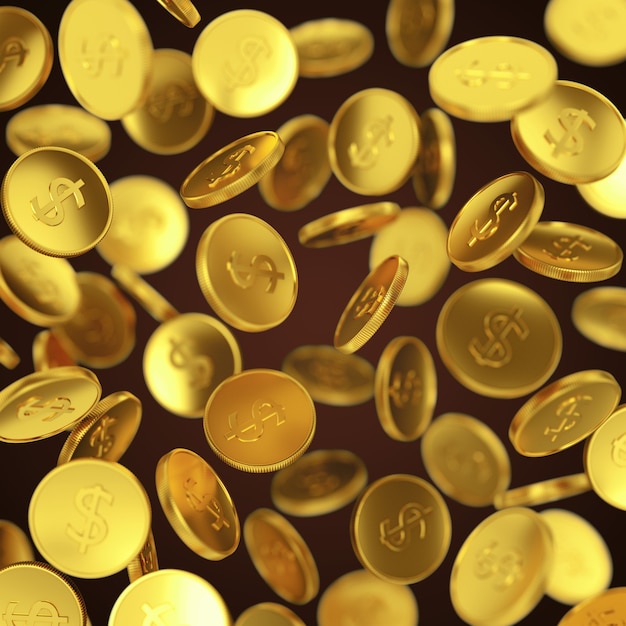 Making money, business success, finance, wealth, casino winning and jackpot concept: gold falling coins on dark background