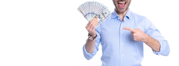 Making money cropped view of man pointing finger at paper money studio with copy space Cash money for loans Credit debit bank money Cash pay Salary and income