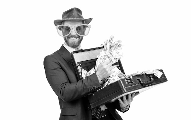 Making money work in your favor Showman hold suitcase with money Rich man