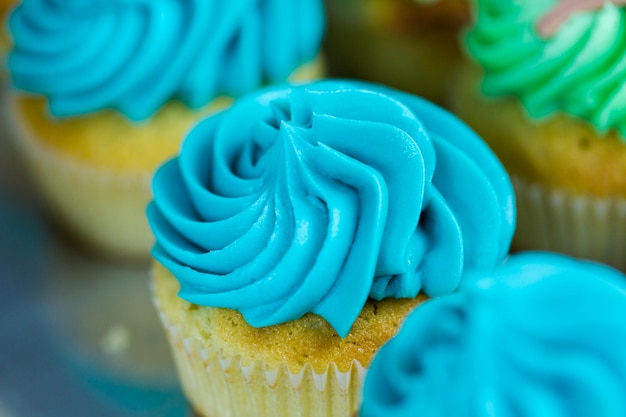 Making multicolor cupcakes for kids birthday party.