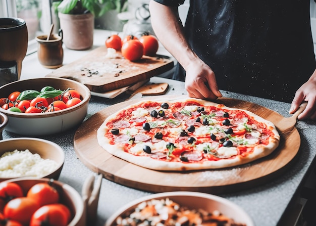 Making pizza with mozzarella tomatoes and basil on the table