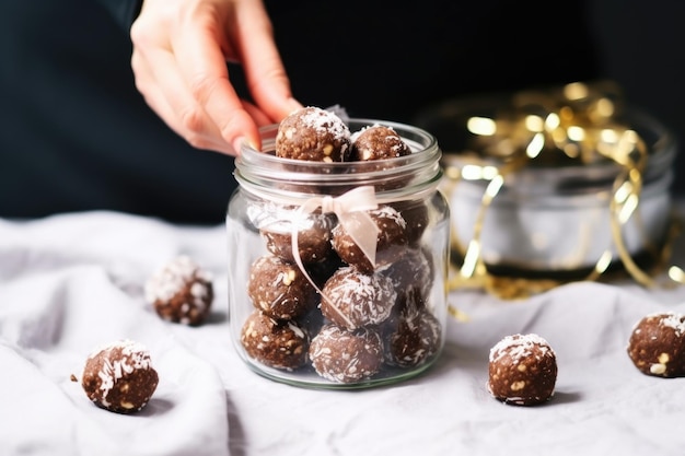 Making ribbon over jar filled with homemade date and nut balls