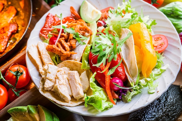 Making tacos with fresh vegetables grilled chicken and avocado