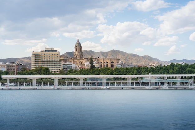 Photo malaga skyline with malaga cathedral and paseo del muelle uno malaga andalusia spain