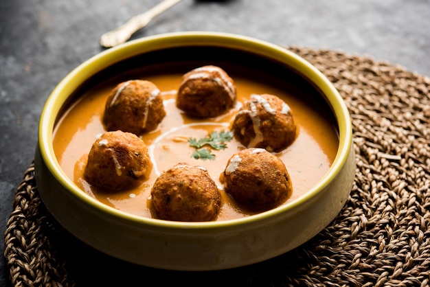 Malai Kofta Curry는 그릇에 제공되는 Mughlai 특별 레시피입니다. 선택적 초점