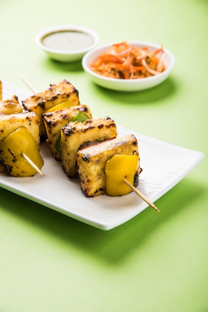 Malai Paneer Tikka Kabab  is an Indian dish made from chunks of cottage cheese