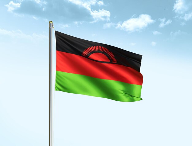 Malawi national flag waving in blue sky with clouds Malawi flag 3D illustration